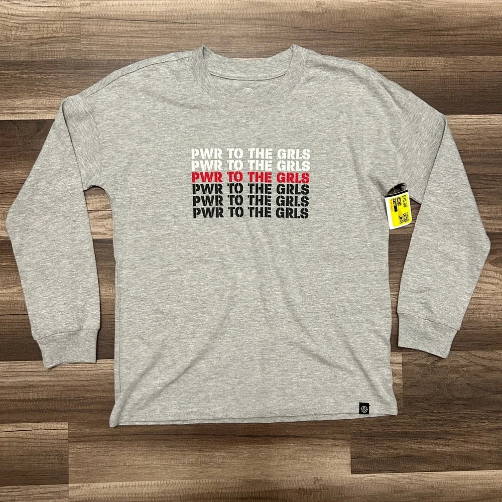 T&B Graphic Tee Kids L 10/12 Grey NEW Pwr To The Grls Long Sleeve Shirt Feminist